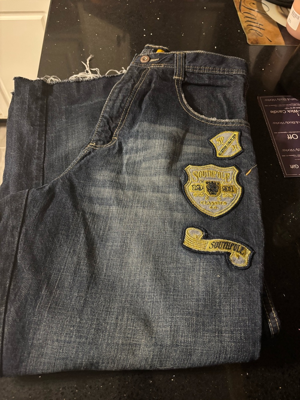 South Pole Men’s Dark Blue Jeans with Yellow Patchwork Accents